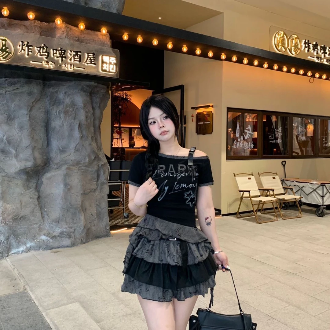 美式辣妹风星星短袖t恤夏季斜肩新款修身设计感纯纯欲慵懒风女装