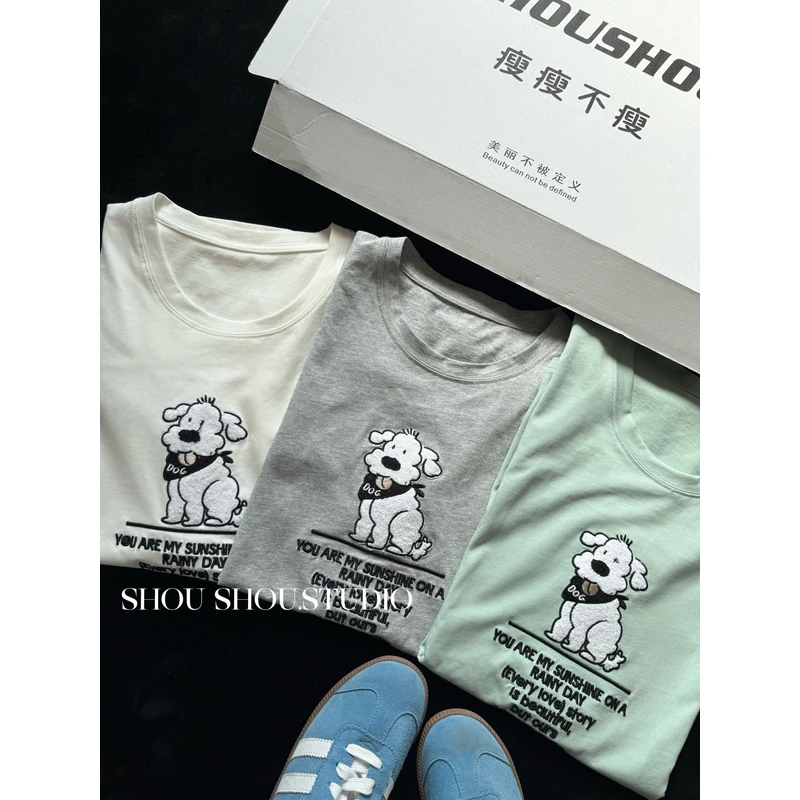 【菲菲】贴布狗狗-大码夏季圆领全棉刺绣可爱宽松百搭短袖S01744