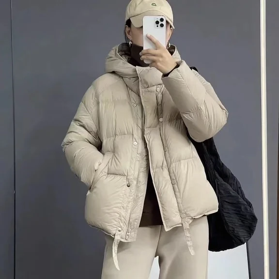 2025短款泡芙羽绒服女韩版时尚连帽加厚白鸭绒外套小个子面包服