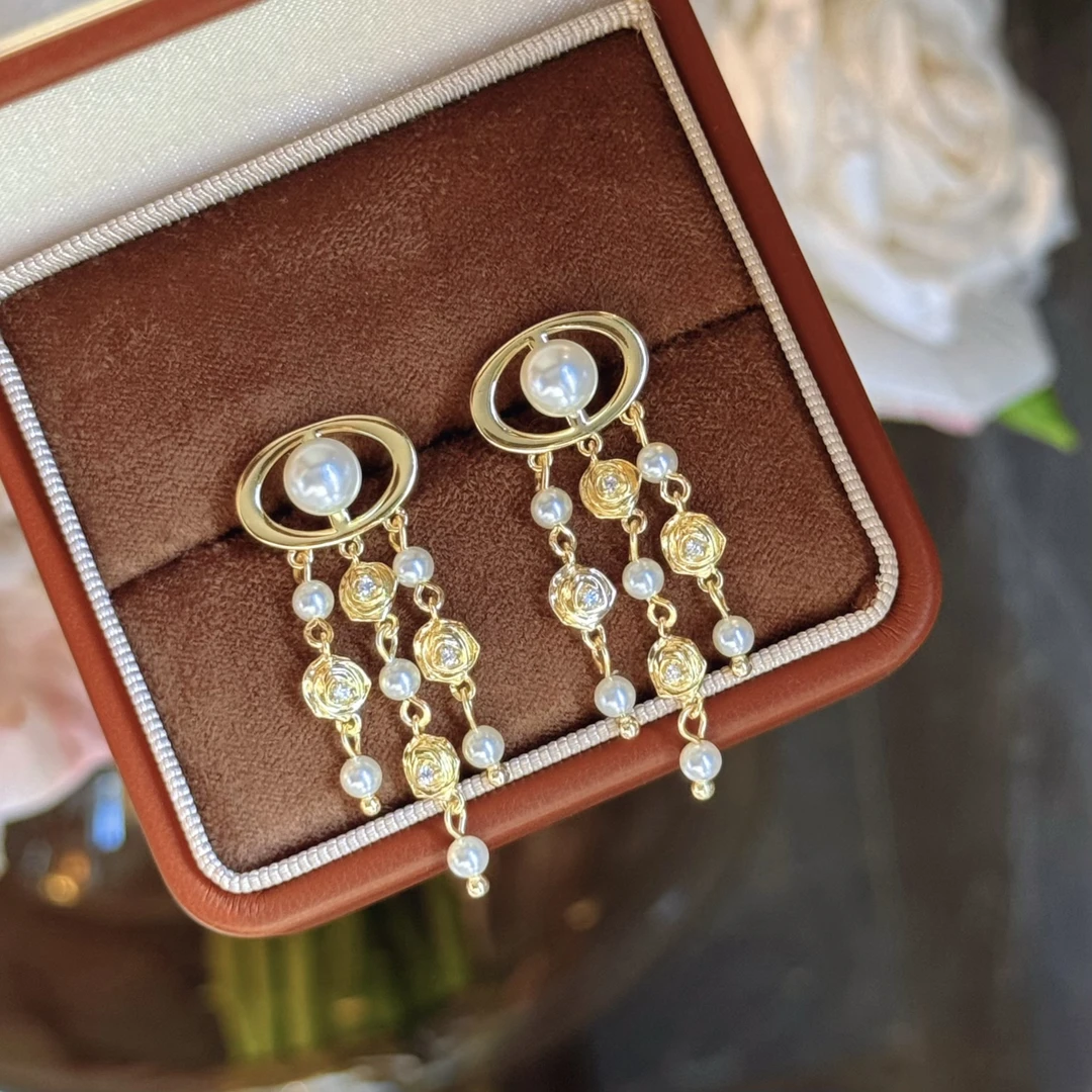 合金仿珍珠耳饰 杨杨babytime山茶玫瑰～猪鼻子仿珍珠花朵流苏耳坠