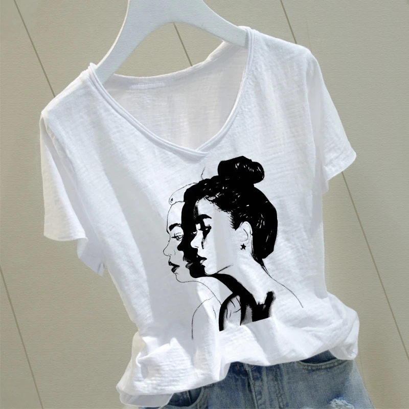 竹节棉宽松V领卷边短袖t恤女士夏季显瘦柔软印花洋气气质时尚女装