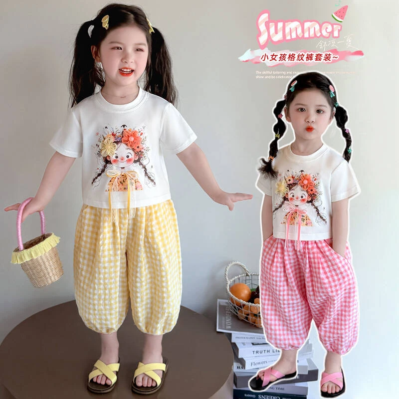 女童夏季套装2025新款网红女宝宝棉质短袖宽松防蚊裤小女孩装