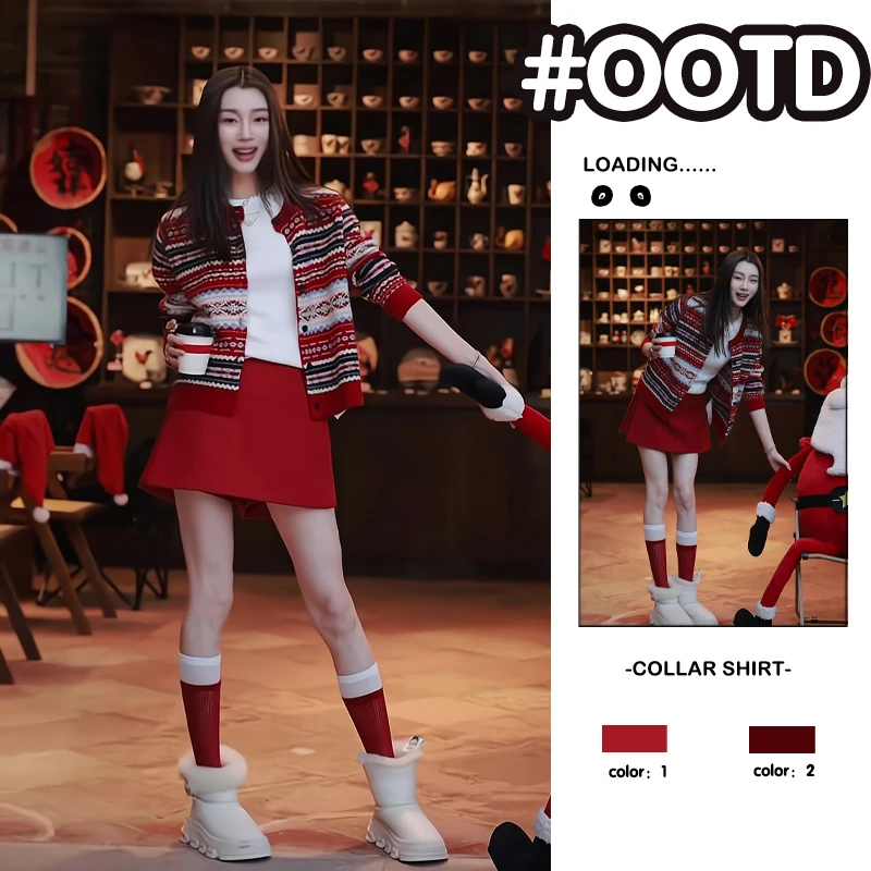 冬季新款2025年韩系穿搭一整套装女韩版新年红毛衣外套短裙两件套