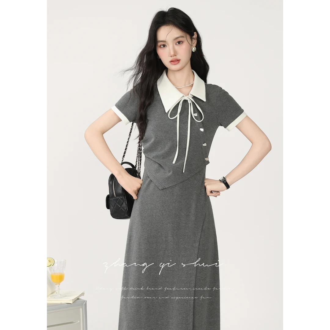 张汽水《高校旋律》衬衫领灰色设计感收腰显瘦短袖连衣裙女Z15322