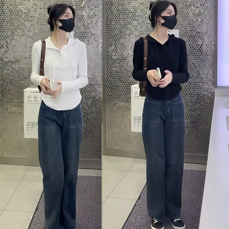 【SMS】春秋季新款休闲连帽套头卫衣高腰牛仔阔腿裤套装女2025新款