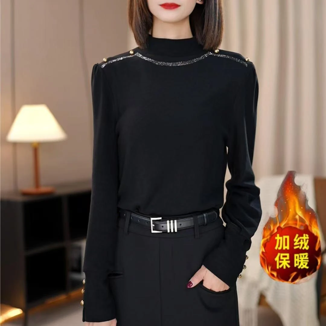 2024冬季新款百搭加绒保暖打底衫女气质洋气设计感长袖上衣T恤