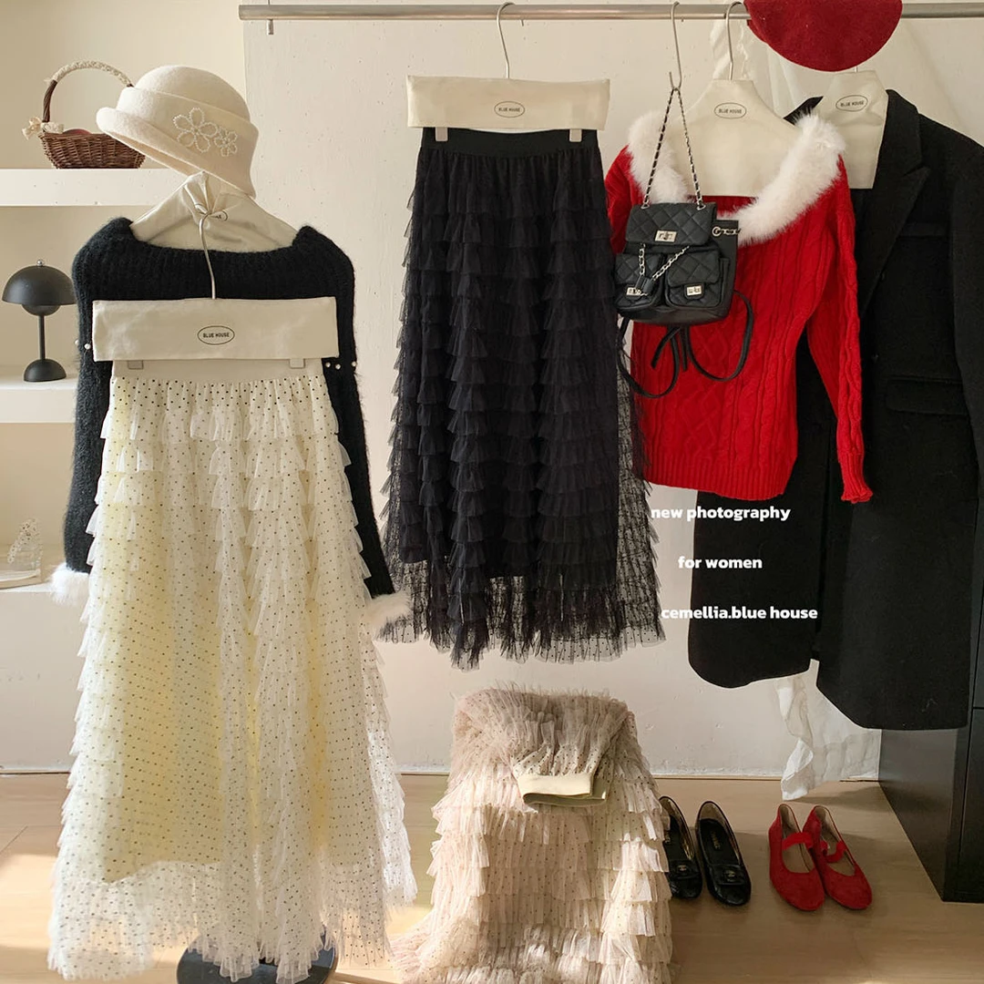 法式仙气蓬蓬波点网纱半身裙女冬季设计层次感显瘦松紧腰蛋糕长裙