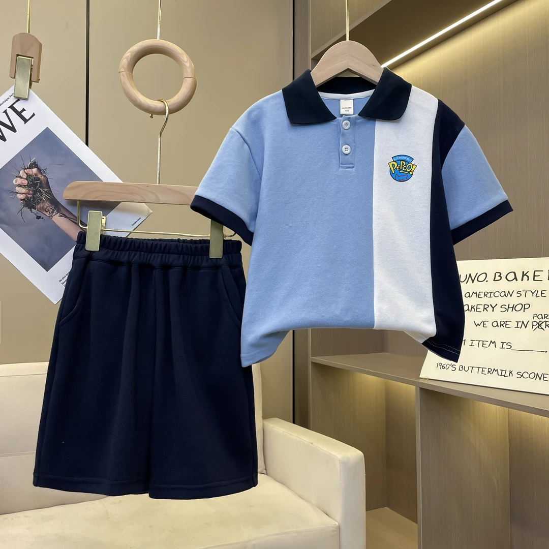 【现货一套 全码一个价】男童休闲套装夏季拼色翻领Polo百搭-JC298