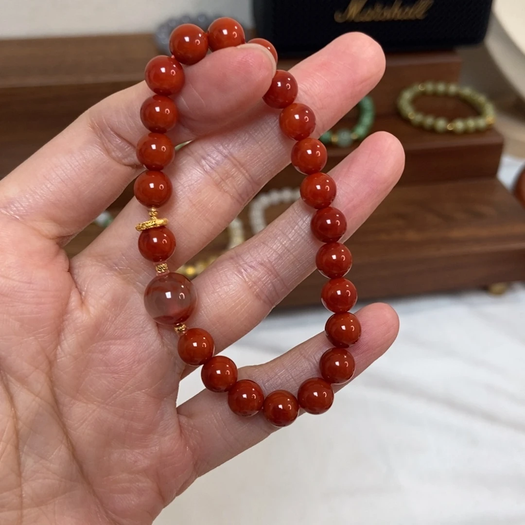 南红玛瑙18K金镶嵌手链8mm忙末精品