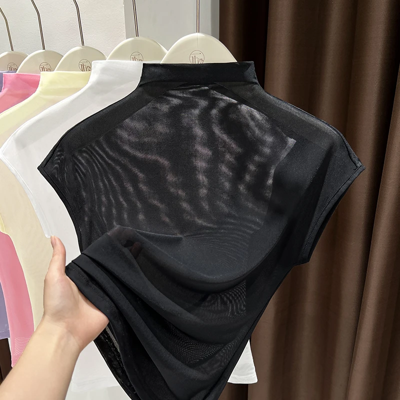 黑色软糯冰丝短袖T恤打底衫女新款爆款半高领内搭透视小飞袖上衣