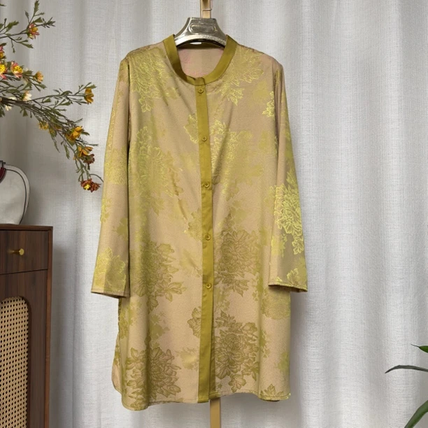 8829-夏季新款醋酸段提花侧开叉中长款衬衣（衣服长度85厘米）