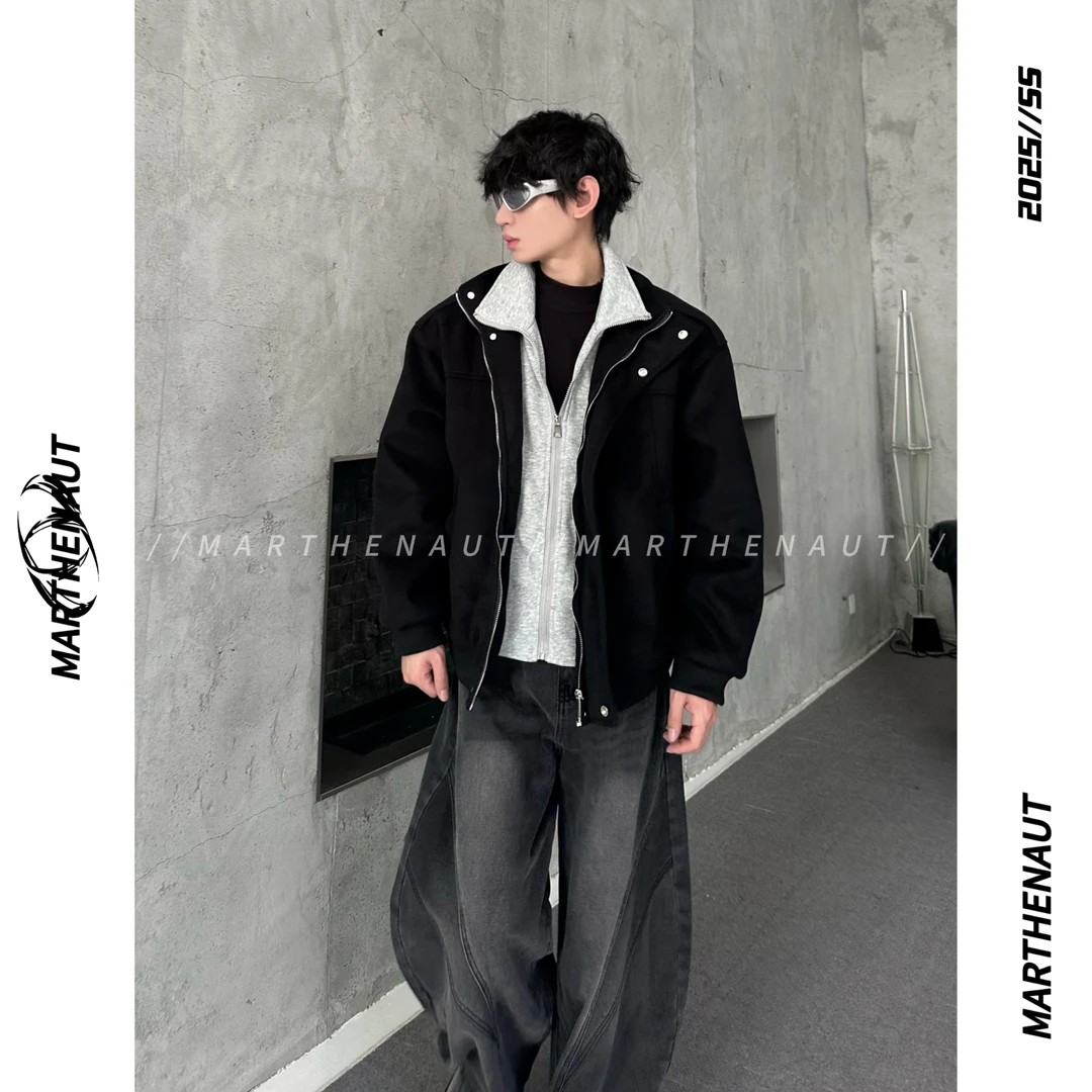 MARTHENAUT小众设计感拼色廓形毛呢外套男冬美式潮流飞行短款夹克