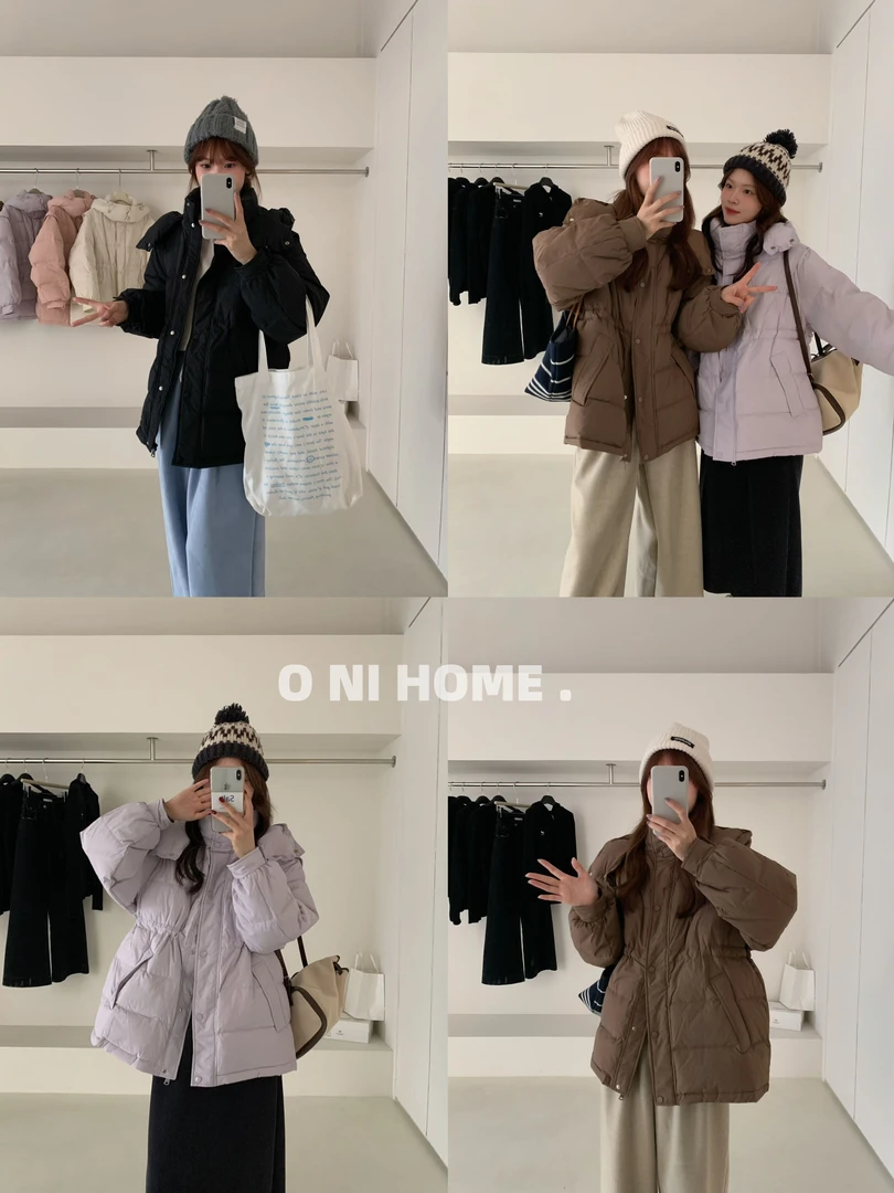 【欧尼家】韩系帽子可拆卸收腰中长款羽绒服