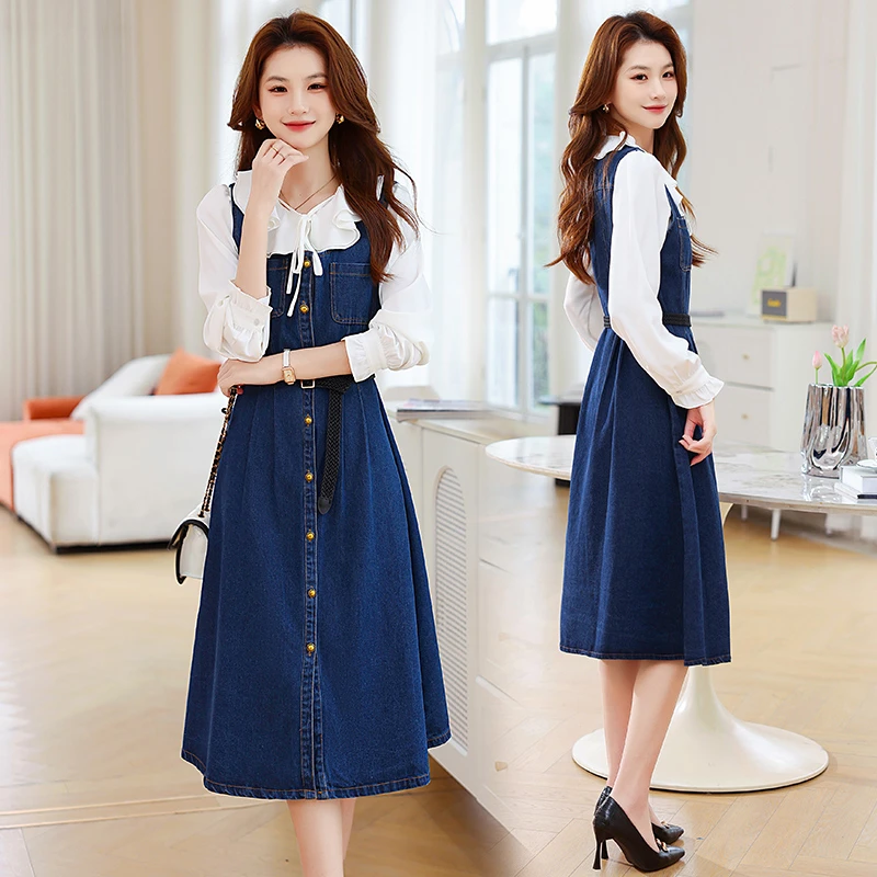 法式休闲风2025新款两件套装秋装裙子时尚显瘦牛仔洋气减龄连衣裙