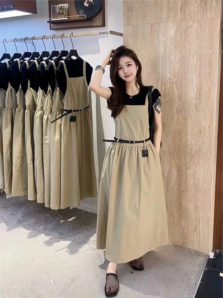 2025夏季新款显瘦减龄百搭圆领短袖T恤上衣吊带背带裙真两件套女