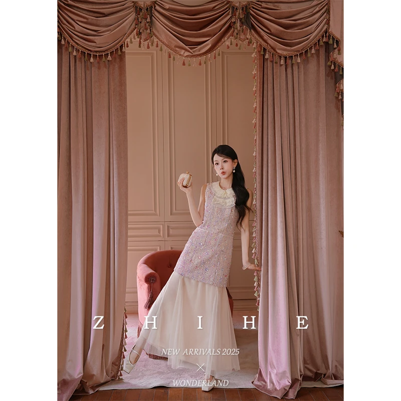 无艳一禾【花茶会】静奢法式羊毛香风料花边背心连衣裙