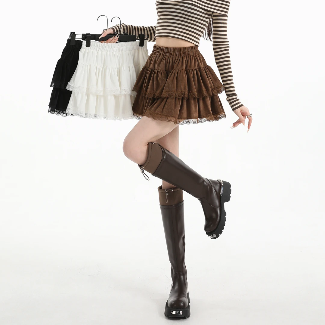 拉夏贝尔黑色蕾丝花边蛋糕裙女辣妹百搭高腰显瘦甜美a字蓬蓬短裙