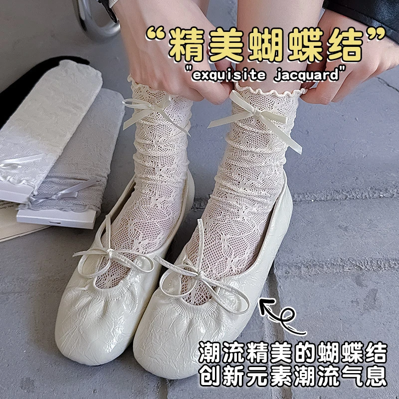 夏季薄款网眼透气女士中筒堆堆袜洛丽塔潮流日系少女蝴蝶结蕾丝袜