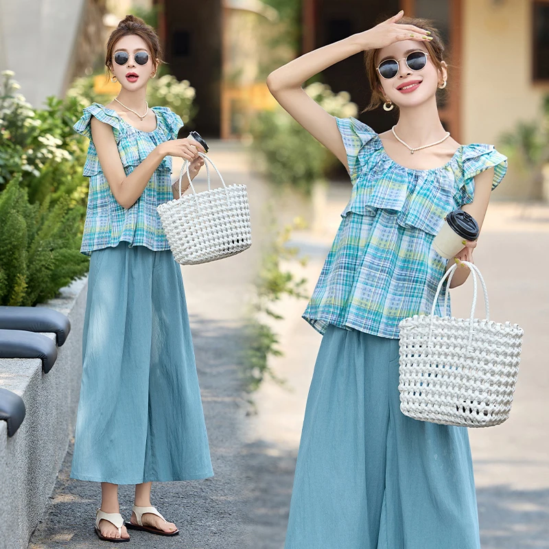 时尚减龄绝美套装女2025夏新款格子荷叶边一字肩上衣阔腿裤两件套