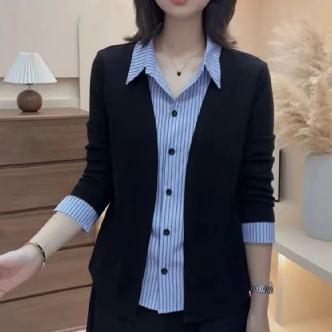 182#时尚减龄拼接设计假两件长袖衬衫秋季女款