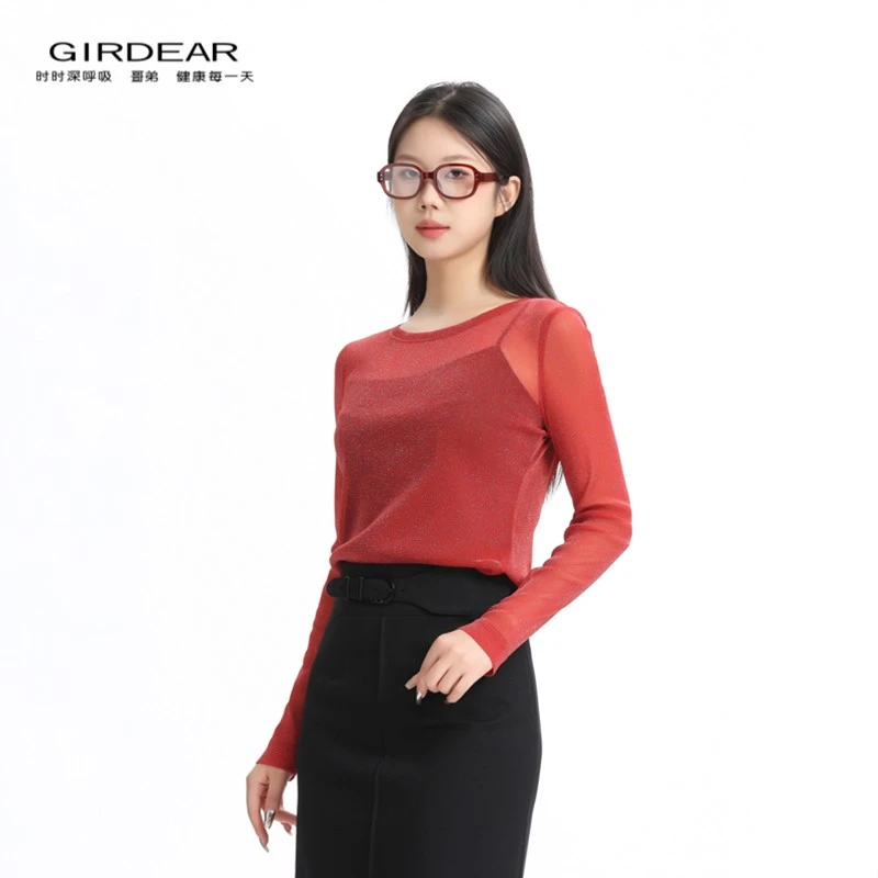 GIRDEAR/哥弟时尚复古百搭圆领带葱丝网面料打底修身T恤 1300958