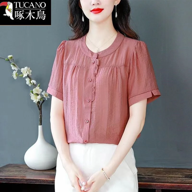 啄木鸟正品2025年新款圆领纽扣T恤夏季短袖小众拼接上衣女士减龄