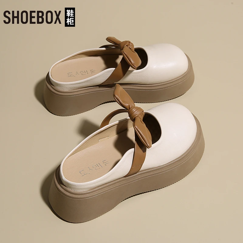 SHOEBOX鞋柜法式蝴蝶结包头半拖女夏2025厚底增高6cm玛丽珍拖鞋