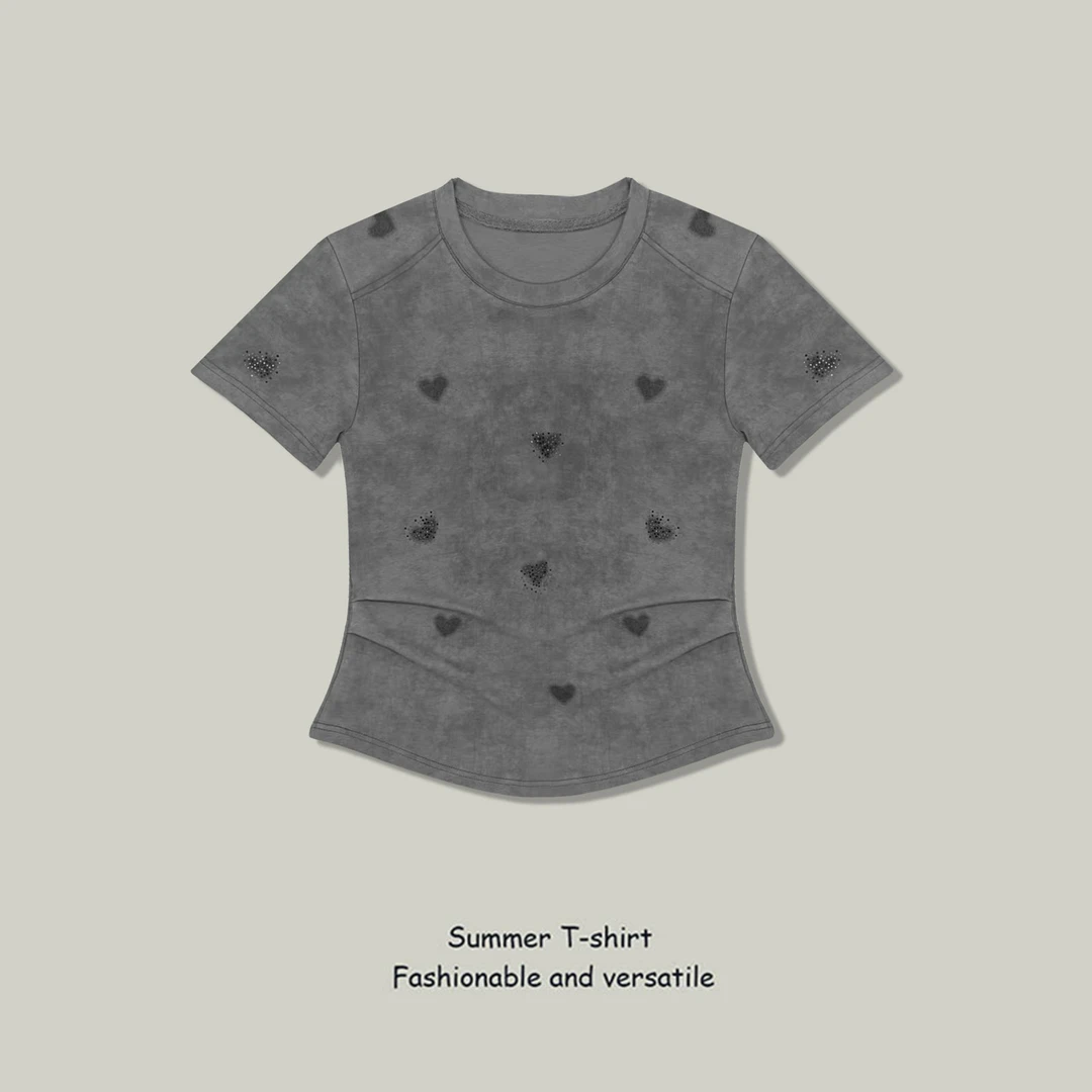 短袖T恤女2025夏季新款爱心印花烫钻设计感休闲百搭修身显瘦上衣