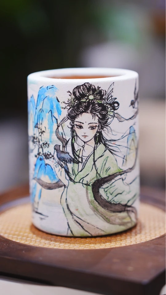 手绘古风春日宴字画花盆，笔筒