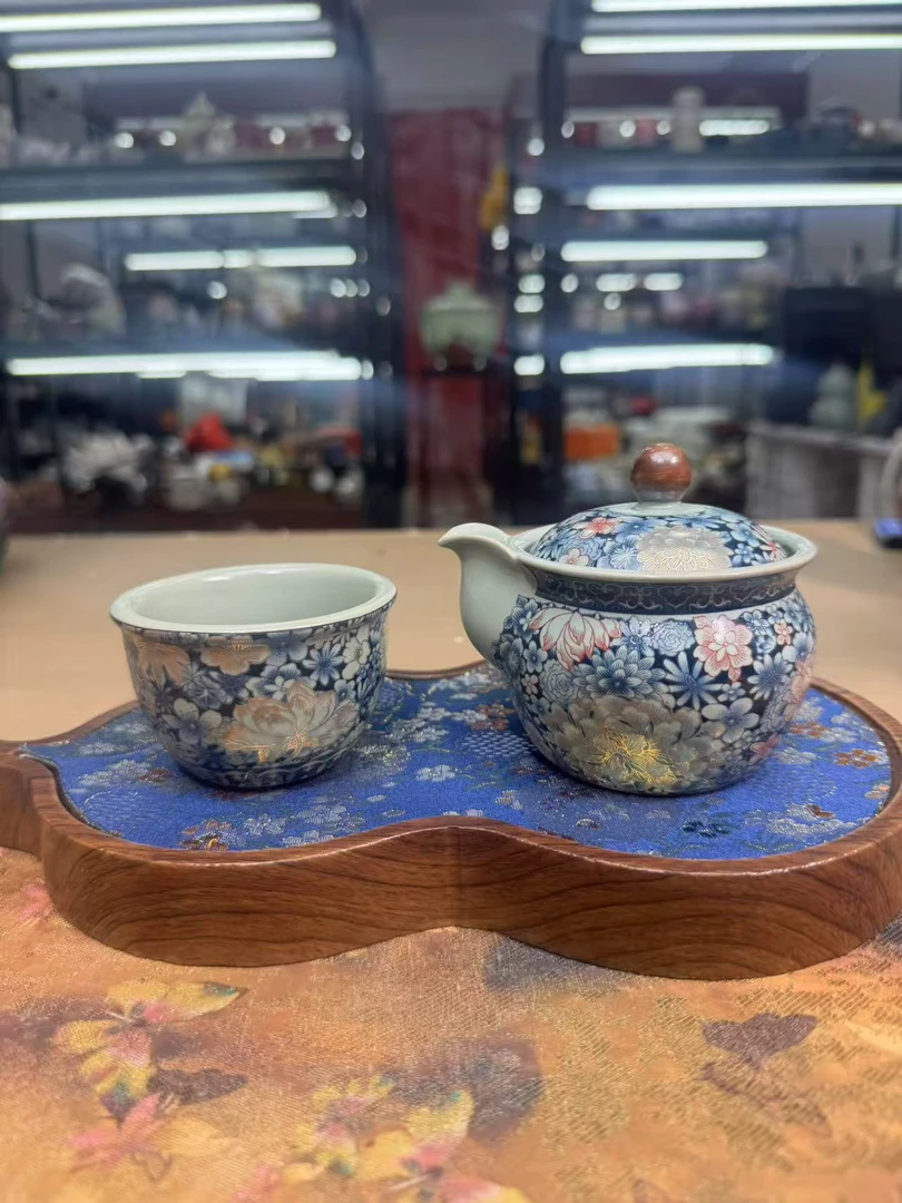 陶子茶具 掐丝牡丹手抓壶带一杯带葫芦干泡盘-2023