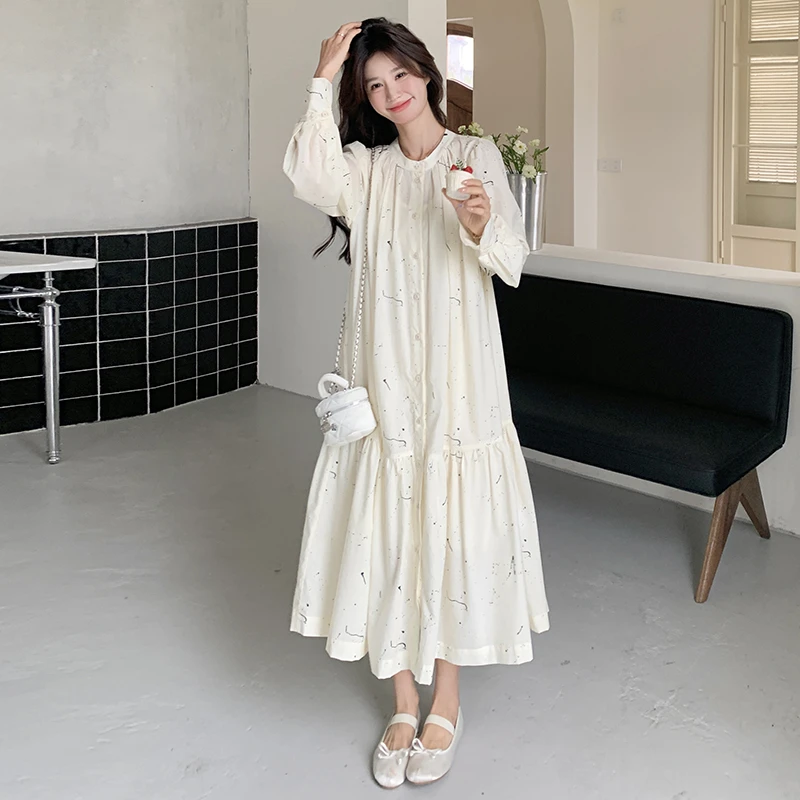 气质女神范超好看印花泡泡袖长裙春夏新款收腰显瘦气质a字连衣裙