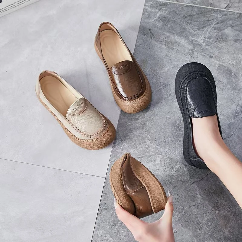 2025春夏新款真皮平底圆头百搭休闲软底防滑舒适妈妈鞋奶奶鞋6606