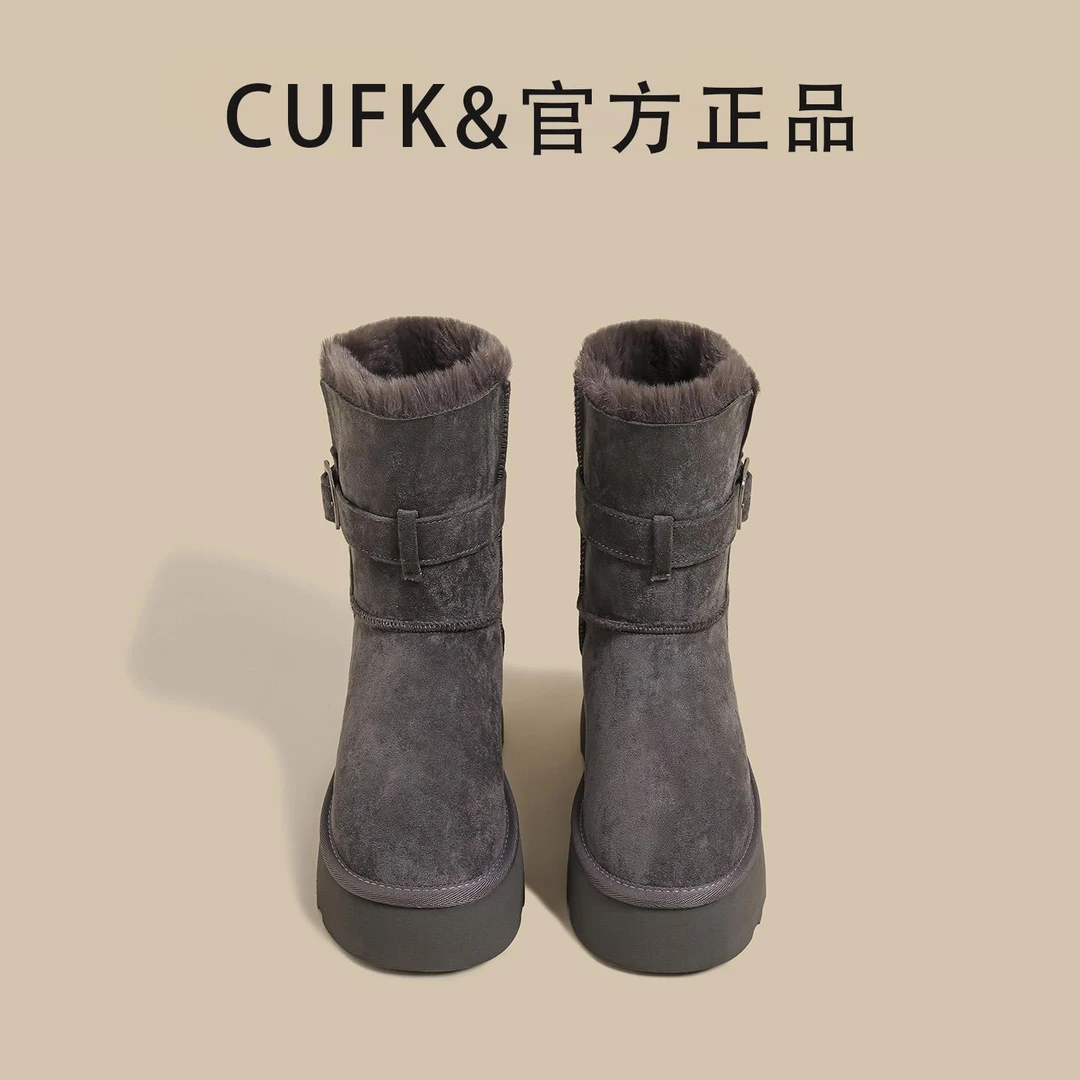 鞋子女款爆款2025新款绒皮带扣东北靴女灰色保暖时尚东北雪地短靴
