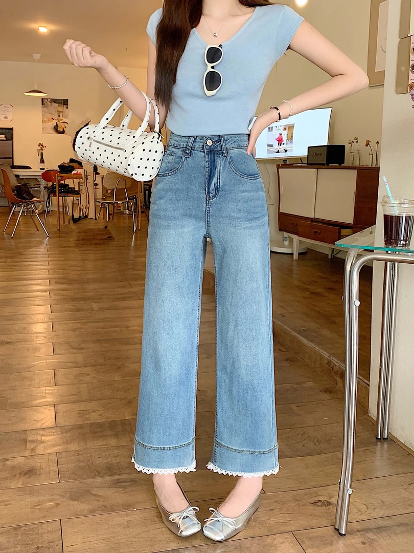 2025夏季新款胖mm大码女装浅蓝色蕾丝花边直筒牛仔裤高腰九分裤