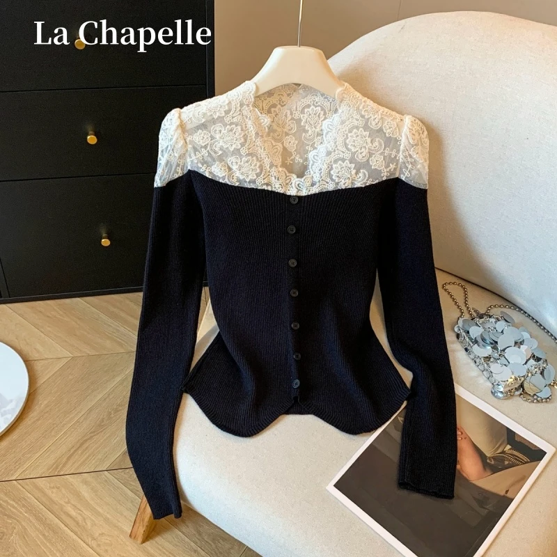 拉夏贝尔设计感蕾丝拼接针织衫女秋冬新款修身显瘦性感内搭打底衫