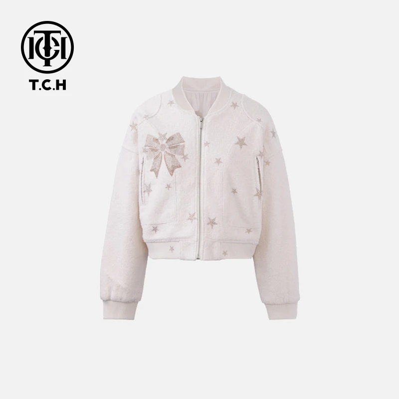 TCH私服烫钻工艺设计感休闲呢子棒球服外套女T72C18E5002轻奢tch
