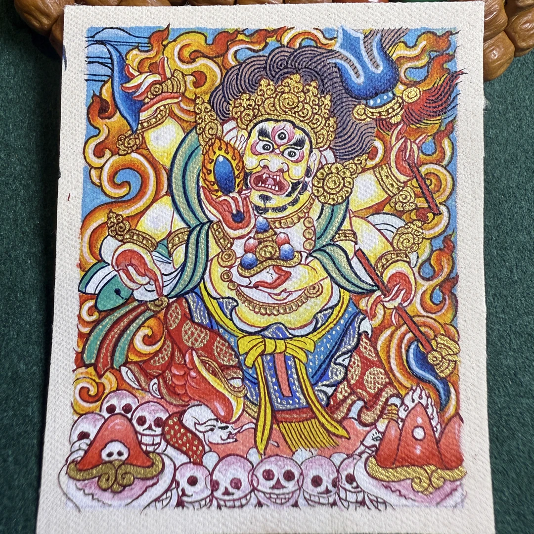 【藏地财宝唐卡】白六臂玛哈嘎拉 热贡纯手工唐卡4×5cm