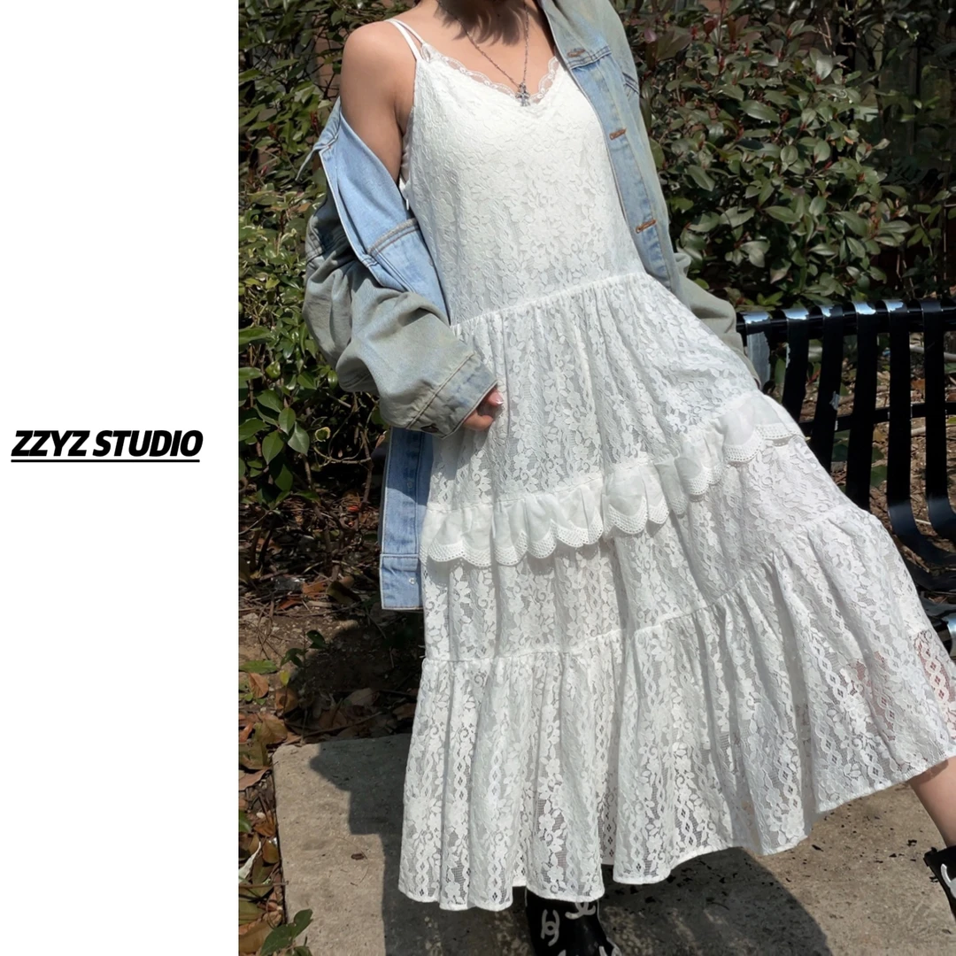 【ZZYZ】“巴厘岛热恋”v领吊带蕾丝拼接长款连衣裙