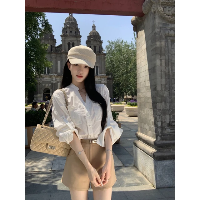 YYW汪澜的妹妹 初恋秀智 天然棉白色口袋衬衫套装女高腰显瘦短裤