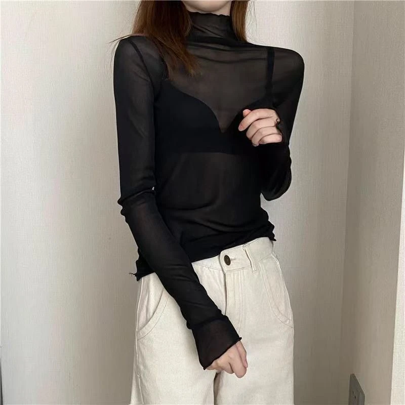 D8712高领网纱打底衫女新款洋气长袖内搭纯色微透纯欲蕾丝上衣