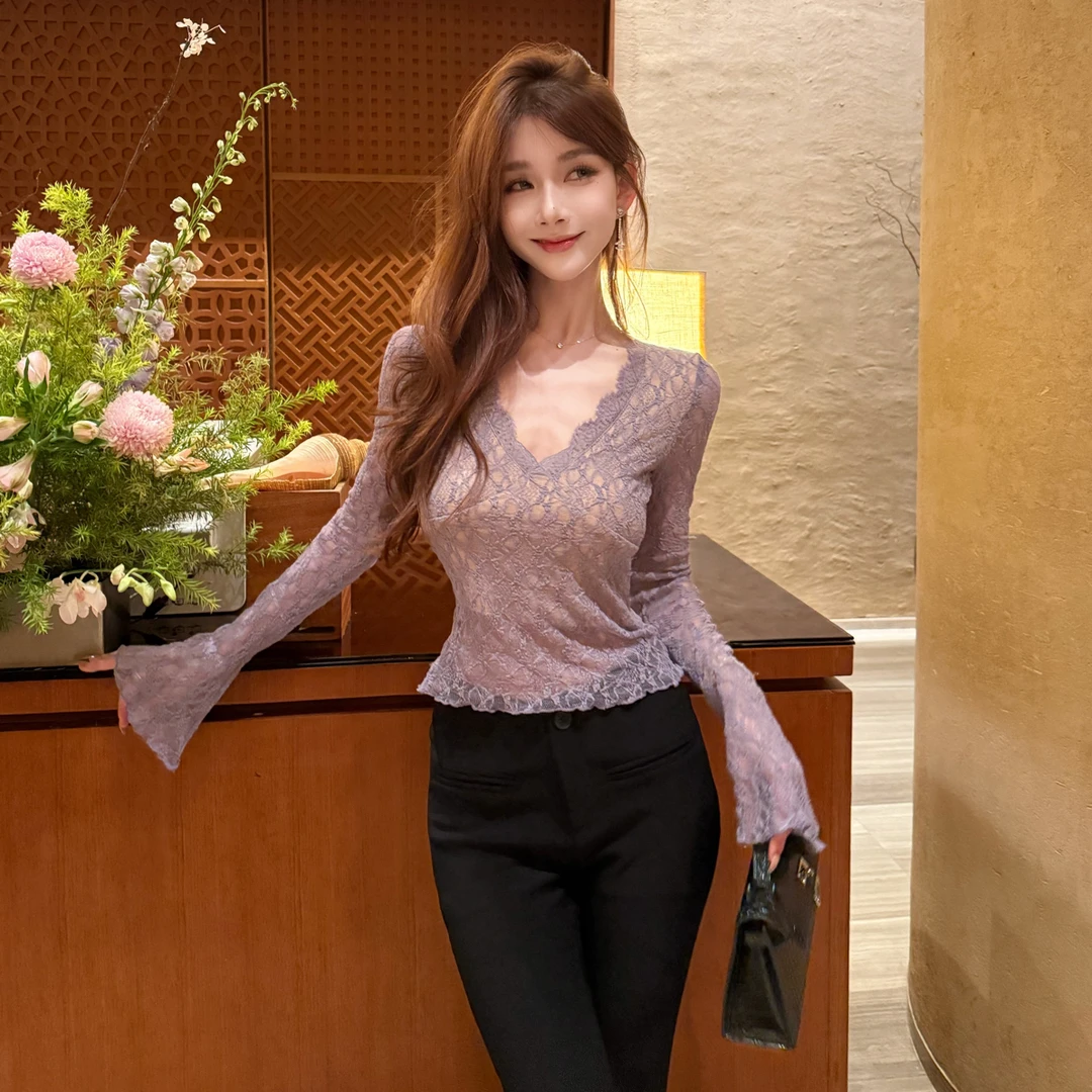 【南韩钓系】超欲蕾丝高级感弹力收腰气质打底衫上衣