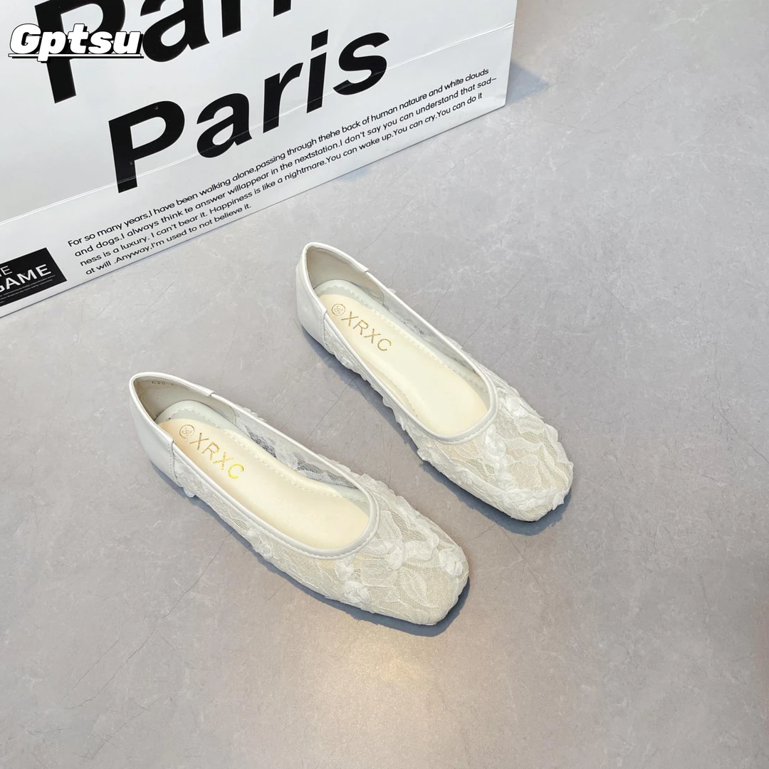 GPTSu春夏款法式仙女风配裙子网纱瓢鞋透气方头平底单鞋包头凉鞋