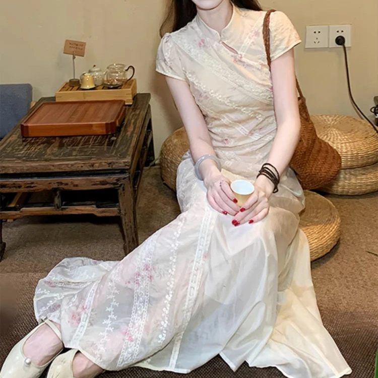【粉黛】小个子显瘦收腰新中式碎花改良旗袍连衣裙女春夏绝美长裙