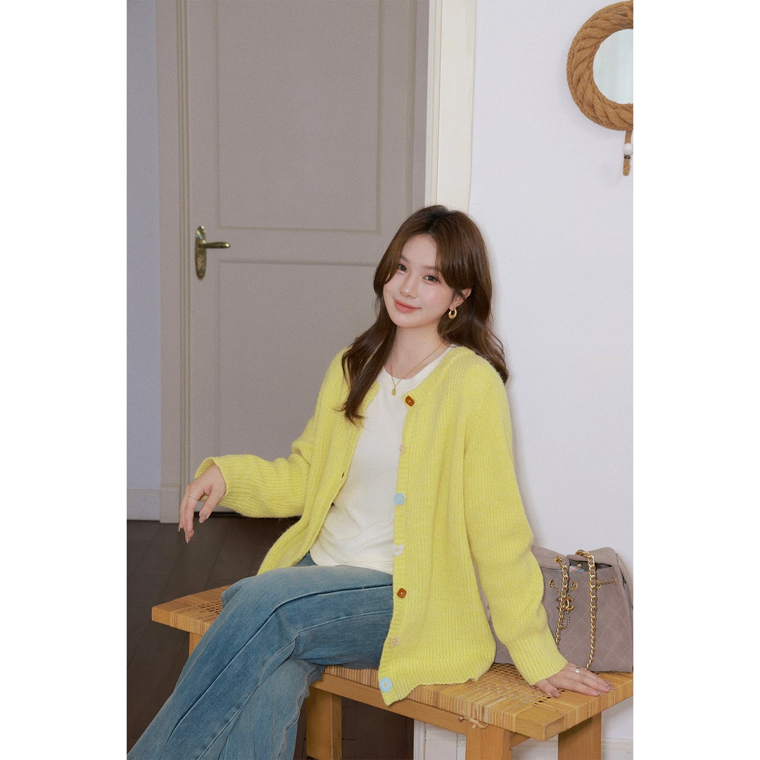 大婉酱微胖定制【绒织奶酪】冬季绵羊毛气质通勤休闲毛织开衫 0099D