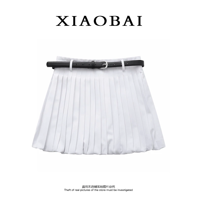 XIAOBAI 甜美双色高腰百褶裙夏季时尚显瘦设计款百搭防走光半身裙