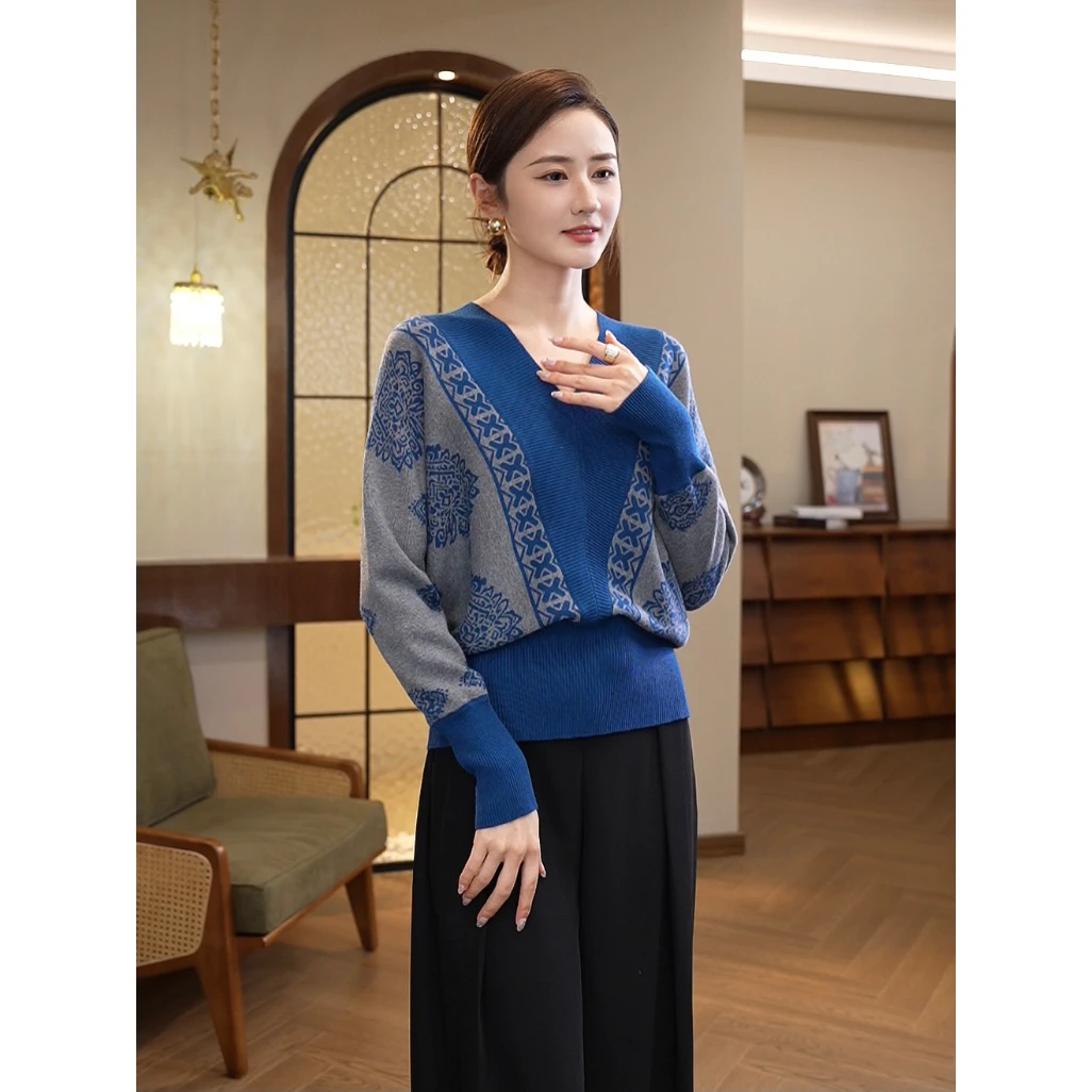 2026秋冬新款【8151】含绵羊毛V领套头蓝色时尚打底外穿针织毛衣