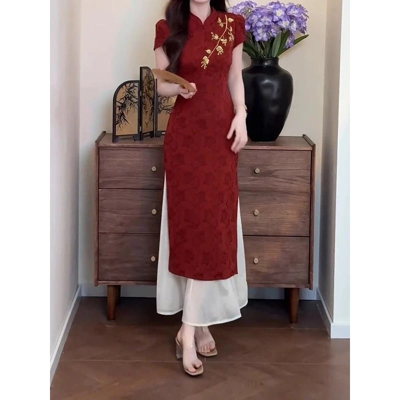 新中式国风复古红色假两件连衣裙女夏季新款修身显瘦改良版旗袍裙