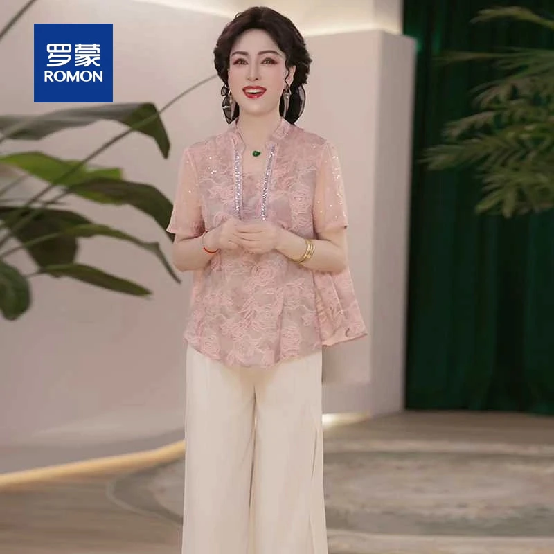 罗蒙2025新款夏季妈妈装薄款时尚套装衬衣中老年女装洋气T恤衣服