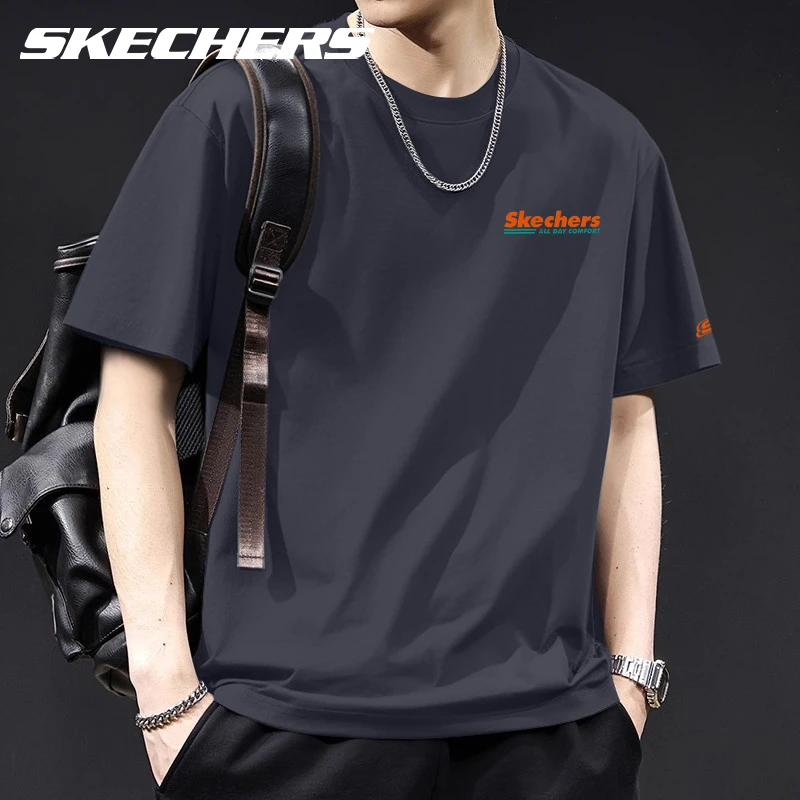 斯凯奇休闲短袖男2025夏季灰色新款T恤宽松透气圆领休闲运动上衣