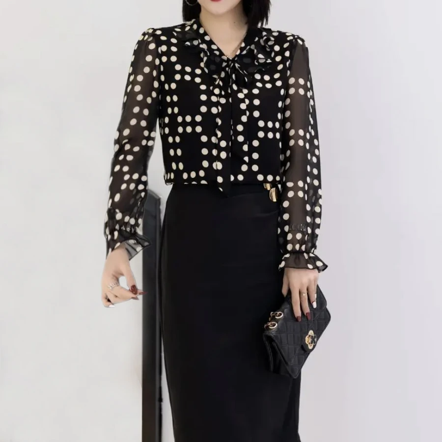 【春季上新】高贵洋气薄款波点荷叶边百搭圆领雪纺衫DH1768 衣长65